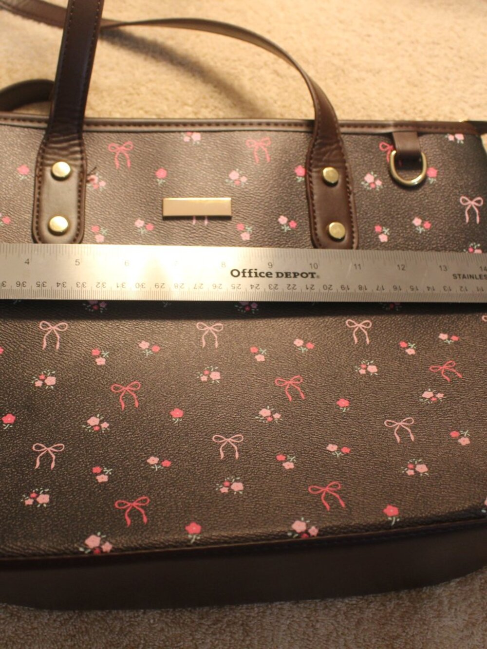Black Floral Bow Print SKU320Shoulder Tote Bag Pink Roses Gold Tone Hardware - Picture 4 of 5